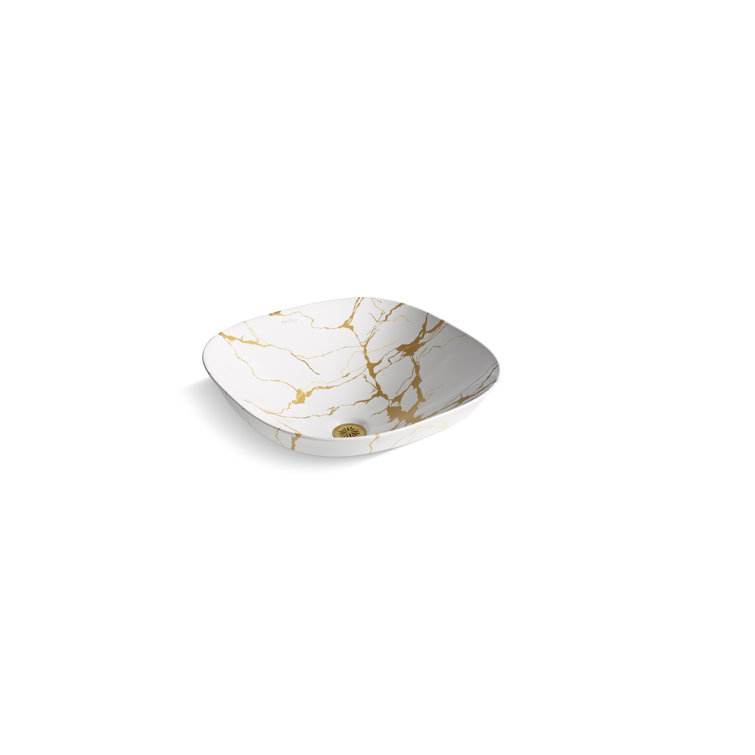 White and Gold Ceramic Square Vessel Bathroom Sink