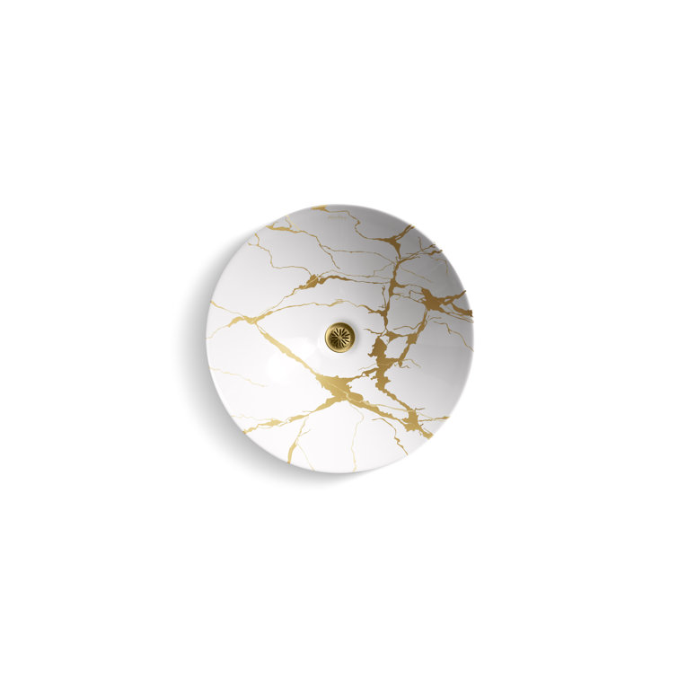 Aureus White and Gold Ceramic Semi-Recessed Vessel Sink