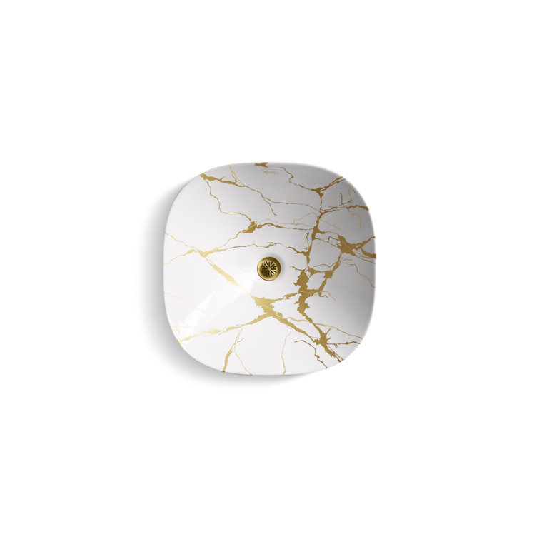 White and Gold Ceramic Square Vessel Bathroom Sink