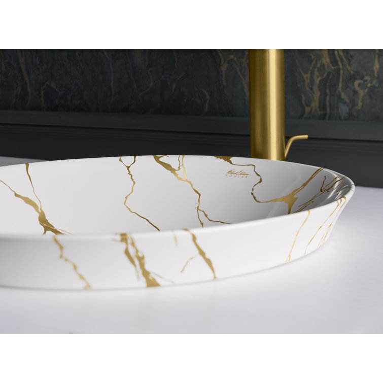 Aureus White and Gold Ceramic Semi-Recessed Vessel Sink