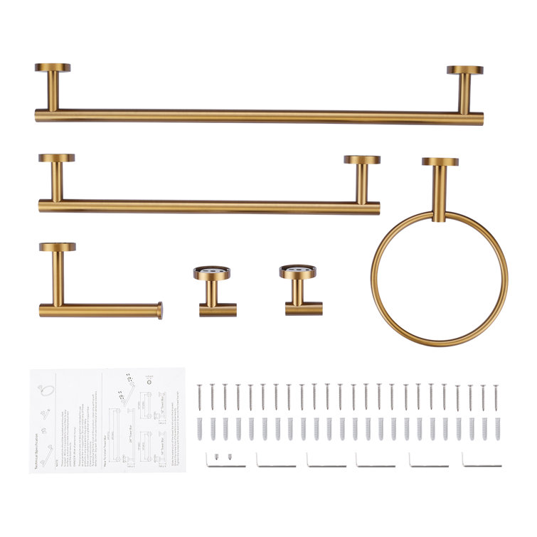 6 Piece Brushed Gold Stainless Steel Wall Mount Bathroom Hardware Set