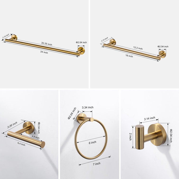 6 Piece Brushed Gold Stainless Steel Wall Mount Bathroom Hardware Set