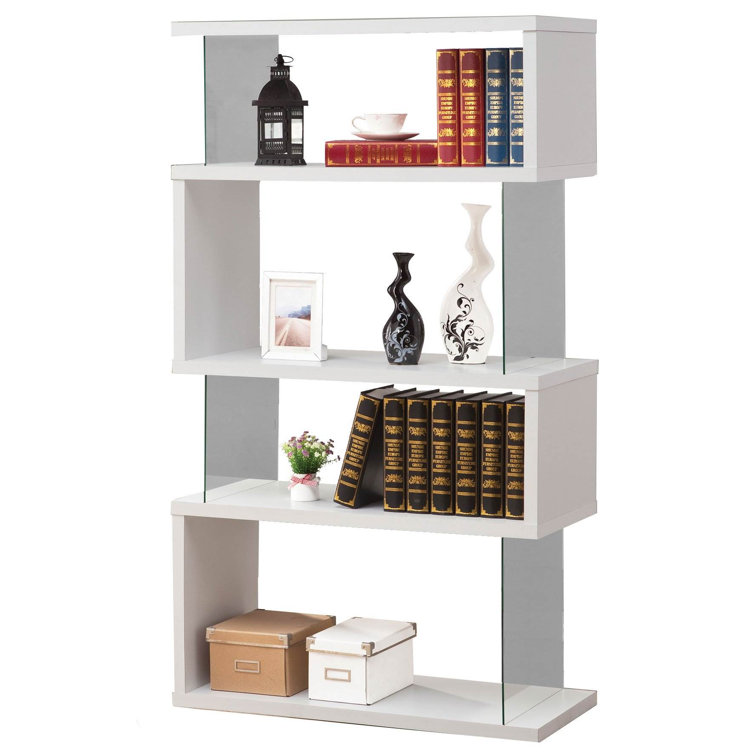 Contemporary White Wood Asymmetrical Snaking Bookshelf