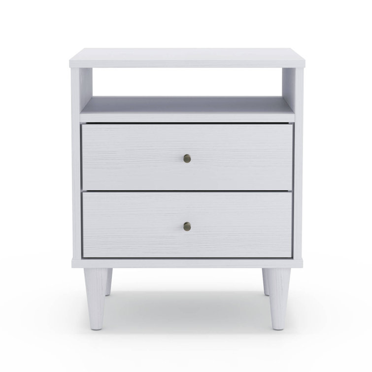 Brushed White Solid Wood Mid Century 2-Drawer Nightstand