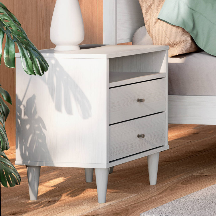 Brushed White Solid Wood Mid Century 2-Drawer Nightstand