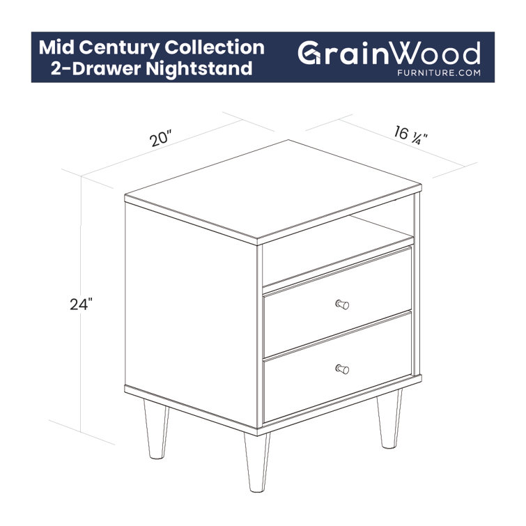 Brushed White Solid Wood Mid Century 2-Drawer Nightstand