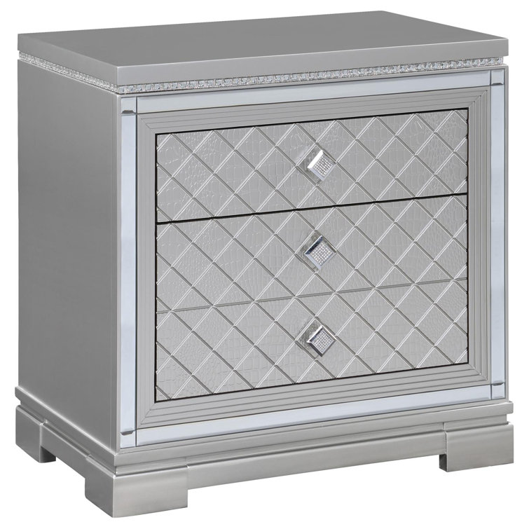 Metallic Mercury Pine 2-Drawer Nightstand with Crystal Accents