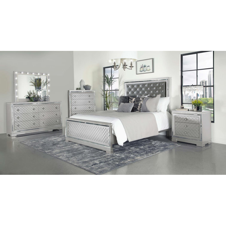Metallic Mercury Pine 2-Drawer Nightstand with Crystal Accents