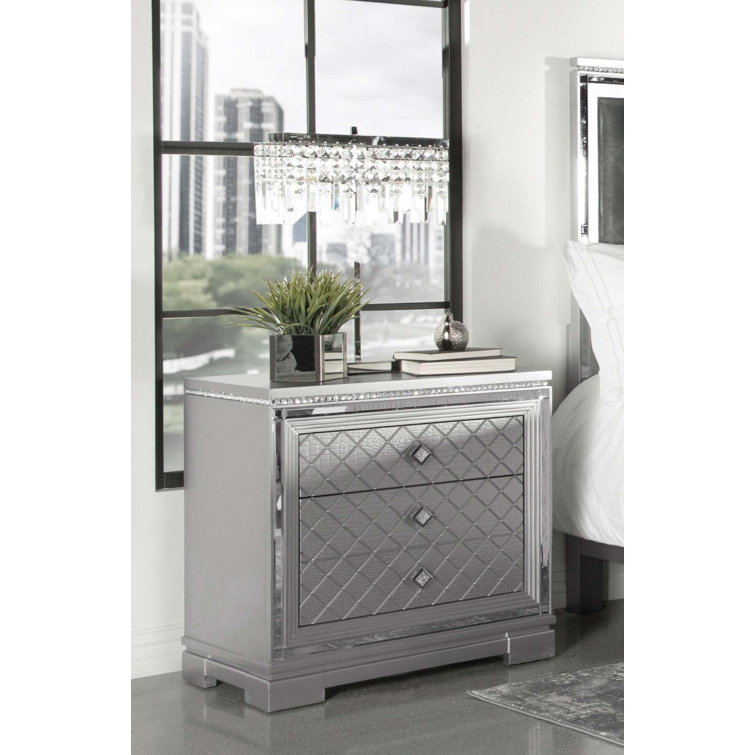 Metallic Mercury Pine 2-Drawer Nightstand with Crystal Accents