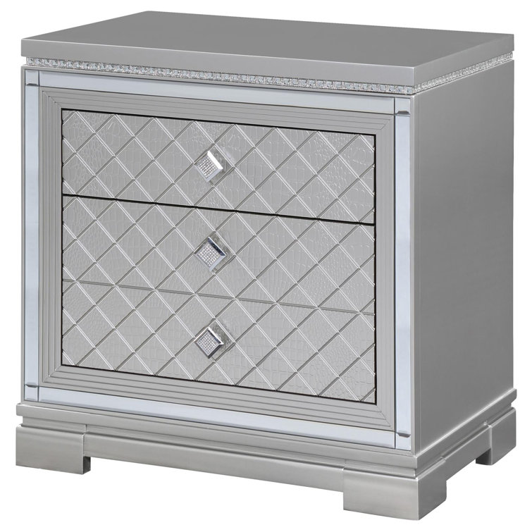 Metallic Mercury Pine 2-Drawer Nightstand with Crystal Accents