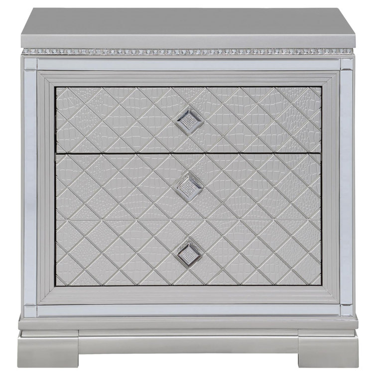 Metallic Mercury Pine 2-Drawer Nightstand with Crystal Accents
