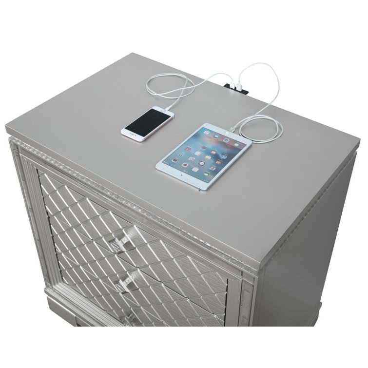 Metallic Mercury Pine 2-Drawer Nightstand with Crystal Accents