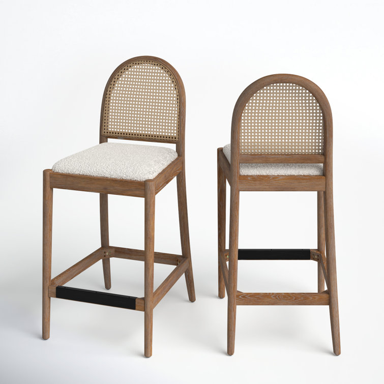 Ivory White Boucle and Oak Curved Bar Stools, Set of 2