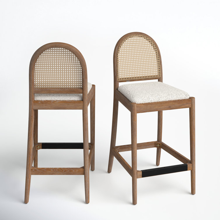 Ivory White Boucle and Oak Curved Bar Stools, Set of 2