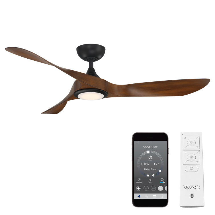 54" Matte Black and Distressed Koa Smart Ceiling Fan with LED Light