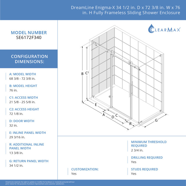 Oil Rubbed Bronze Frameless Sliding Shower Enclosure, 76" x 68.37"