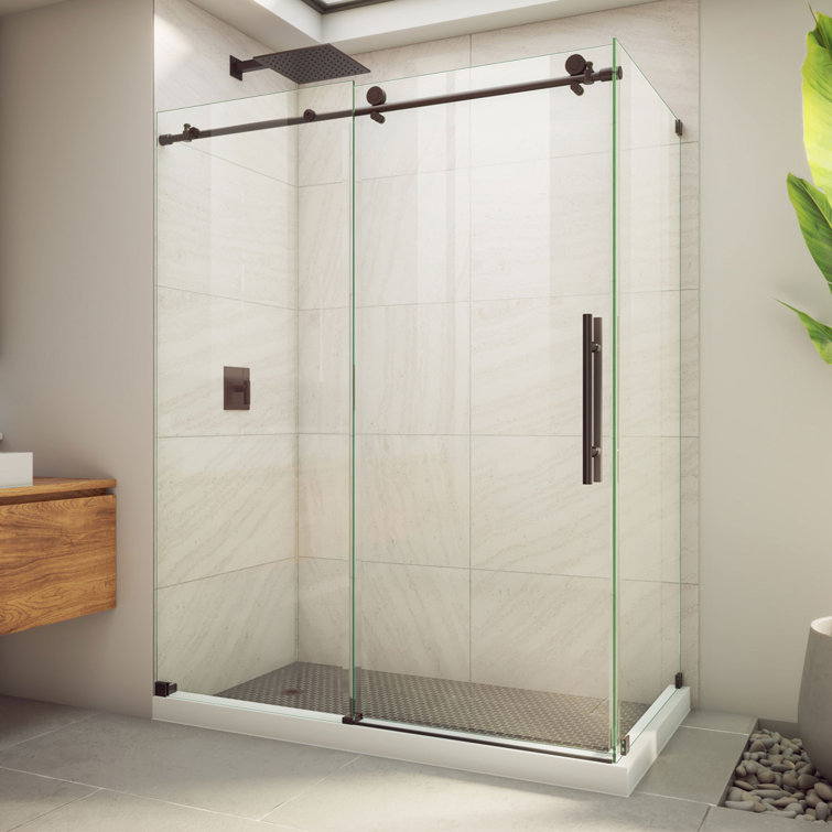 Modern Frameless Sliding Shower Enclosure with Clear Glass and Oil Rubbed Bronze Hardware