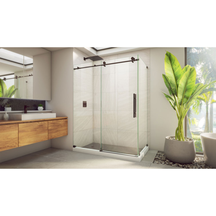 Modern Frameless Sliding Shower Enclosure with Clear Glass and Oil Rubbed Bronze Hardware