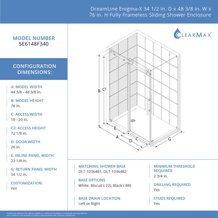 76" Frameless Clear Glass Sliding Shower Enclosure with Polished Stainless Steel Frame