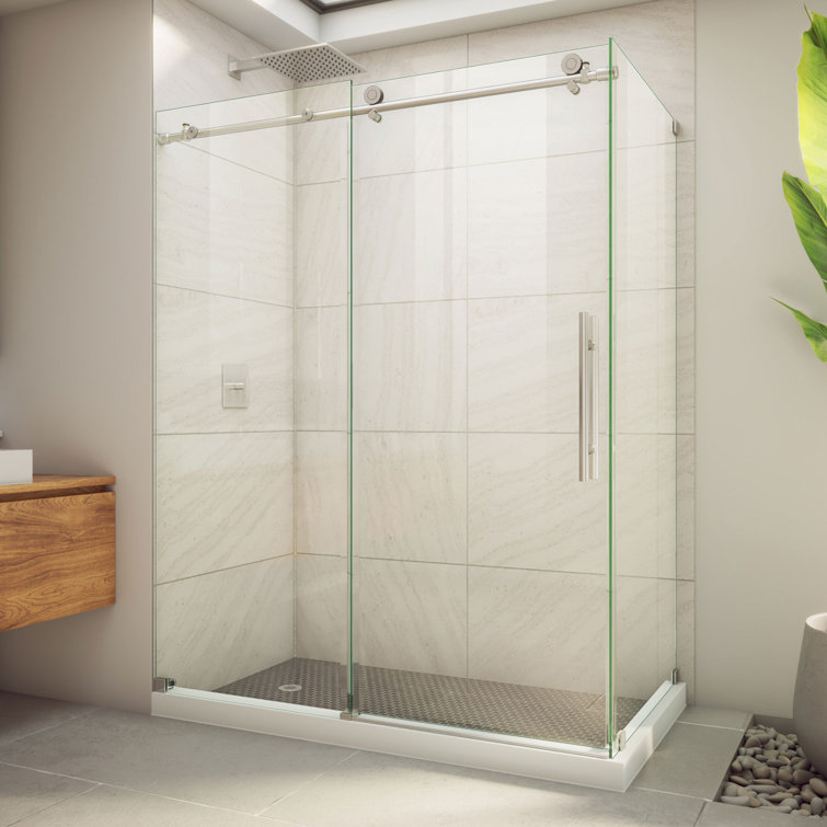 76" Frameless Clear Glass Sliding Shower Enclosure with Stainless Steel Hardware