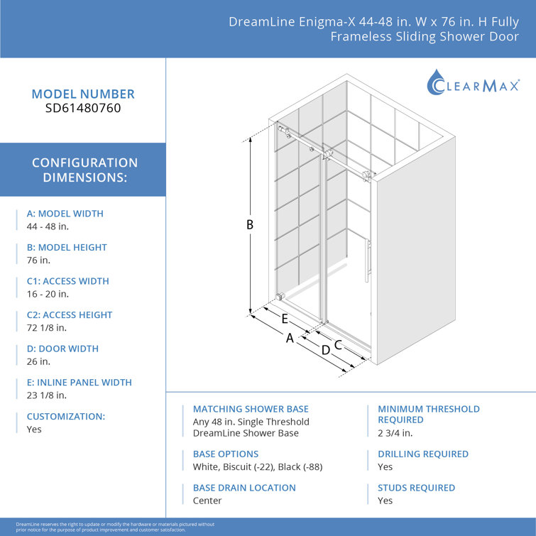 Enigma-X 48'' Frameless Clear Glass Sliding Shower Door