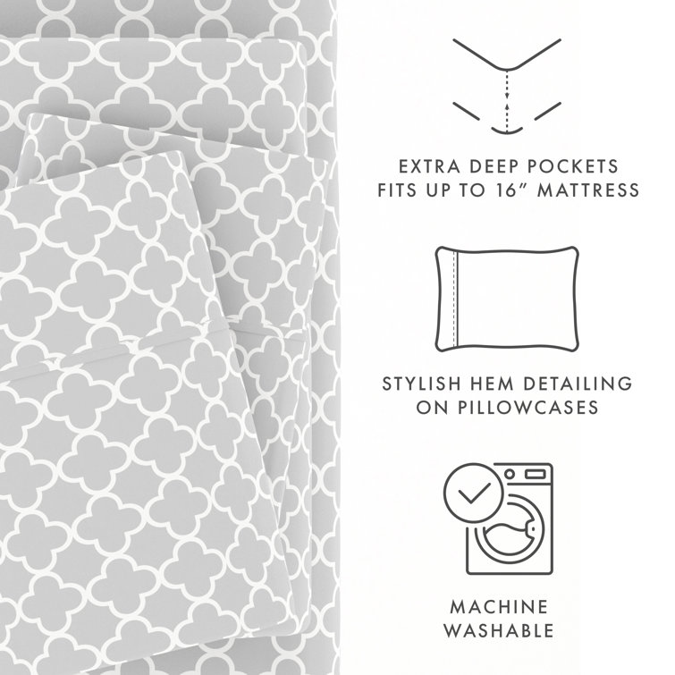 Light Gray Floral Queen Microfiber Deep Pocket Sheet Set