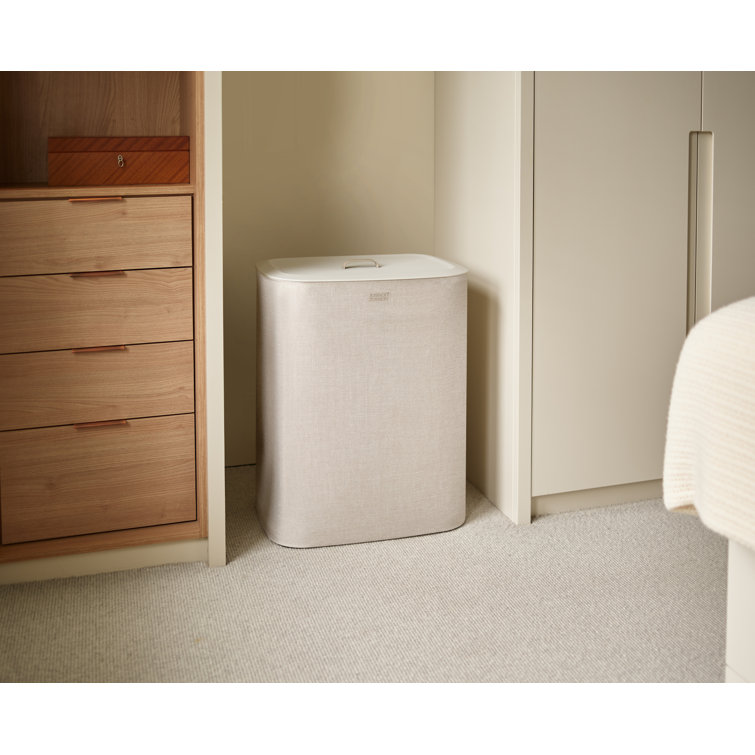 Beige Steel Dual Compartment Laundry Sorter with Lid