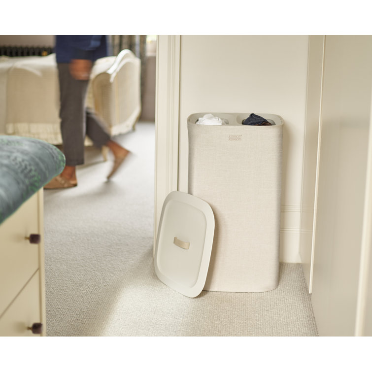 Beige Steel Dual Compartment Laundry Sorter with Lid