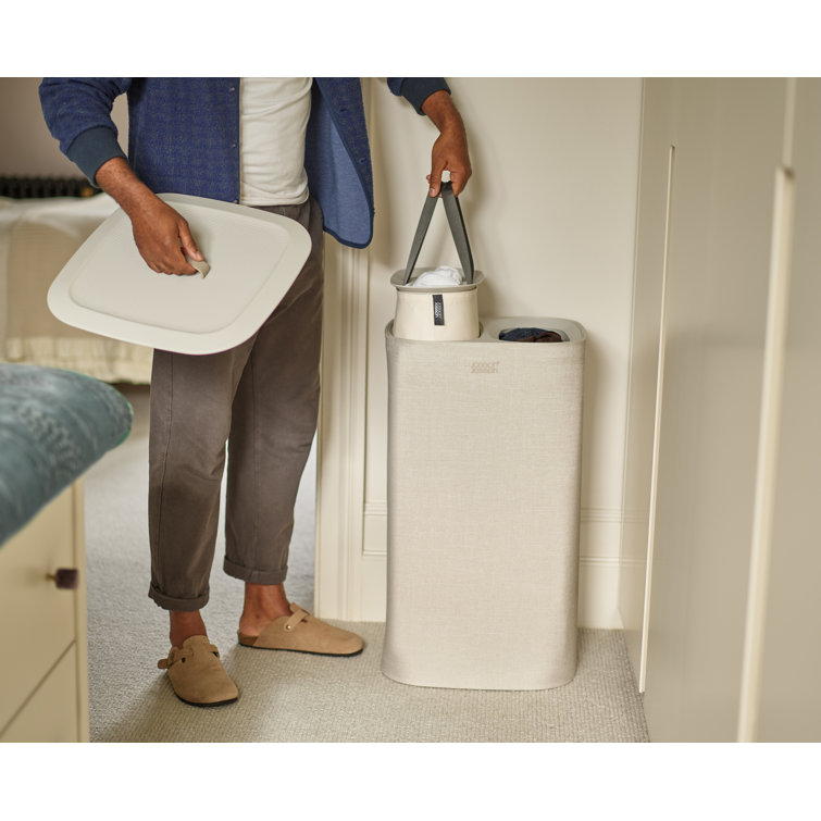 Beige Steel Dual Compartment Laundry Sorter with Lid