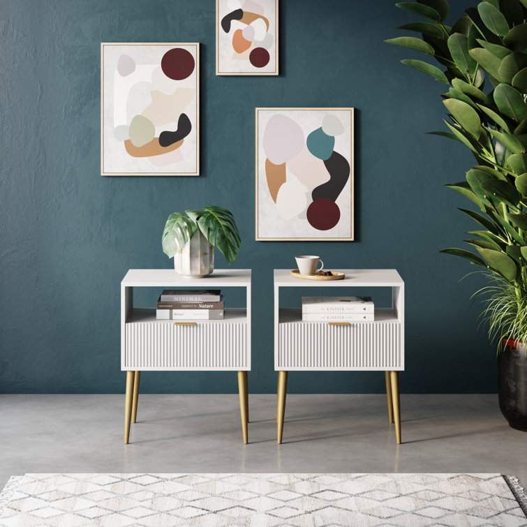Jacklyn White and Gold Mid-Century Nightstands with Drawer, Set of 2