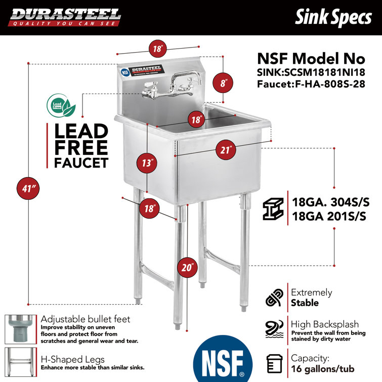 18'' x 18'' Stainless Steel Commercial Utility Sink with Faucet