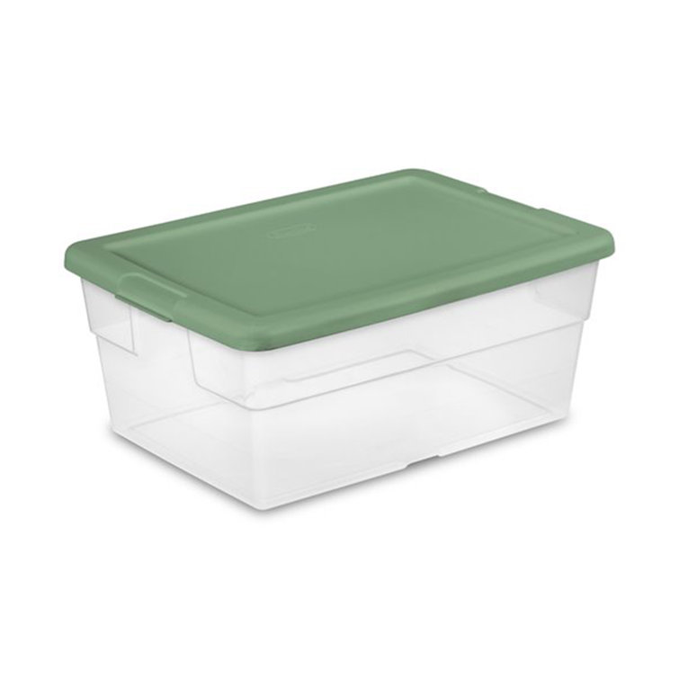 Sterilite 16 Quart Clear Plastic Storage Totes with Green Lids, 4 Pack