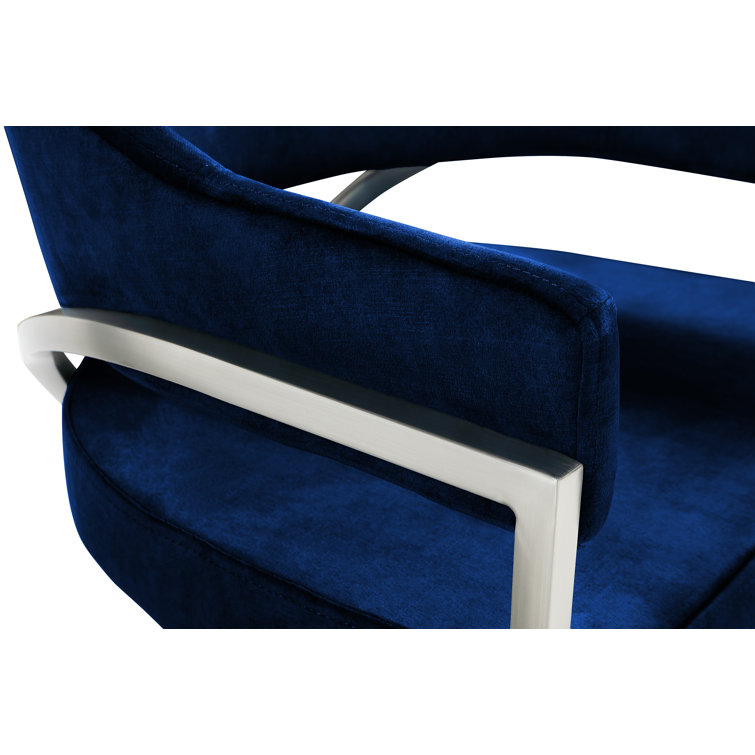 Contemporary Navy Velvet Upholstered Arm Chair with Silver Metal Frame