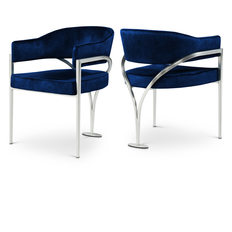 Contemporary Navy Velvet Upholstered Arm Chair with Silver Metal Frame