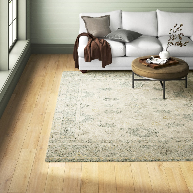 Ivory and Slate Floral Wool Rectangular Rug, 7'9" x 9'9"