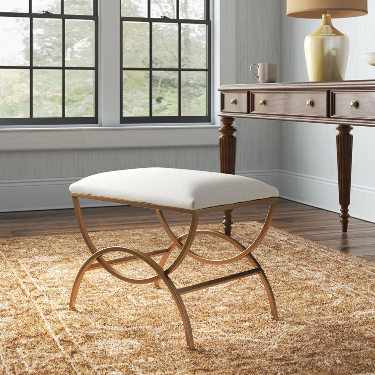 Off-White Upholstered Iron Accent Stool with Brass Finish