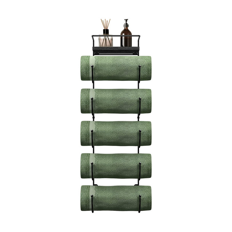 Black Wall Mounted 5-Tier Metal Towel Rack with Wood Shelf