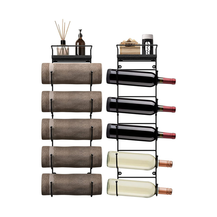 Black Wall Mounted 5-Tier Metal Towel Rack with Wood Shelf