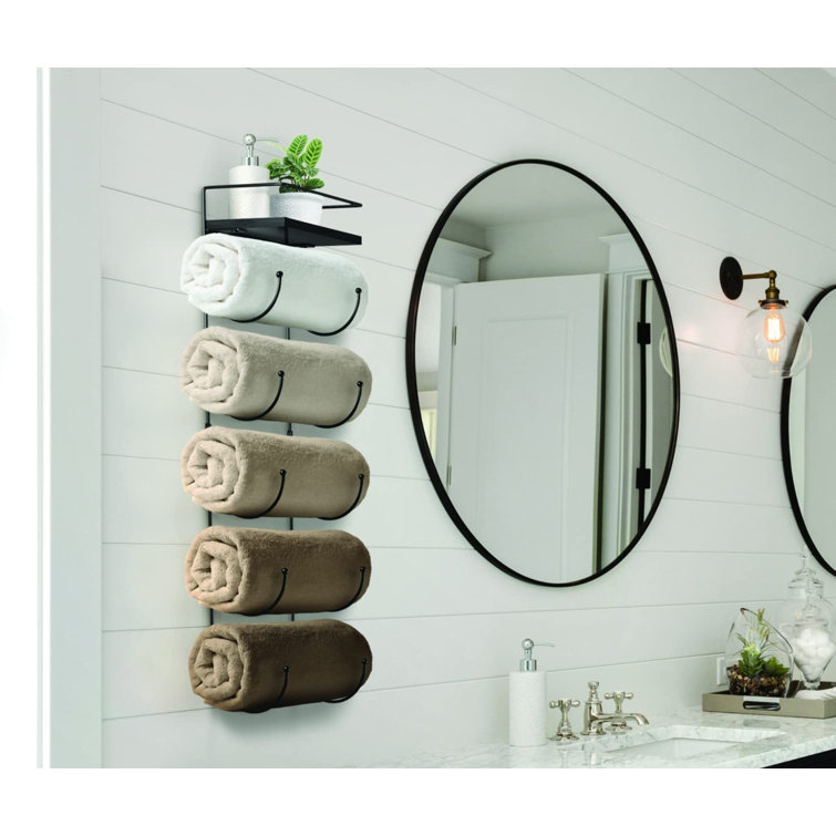 Black Wall Mounted 5-Tier Metal Towel Rack with Wood Shelf