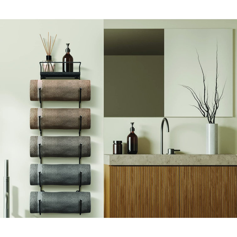 Black Wall Mounted 5-Tier Metal Towel Rack with Wood Shelf