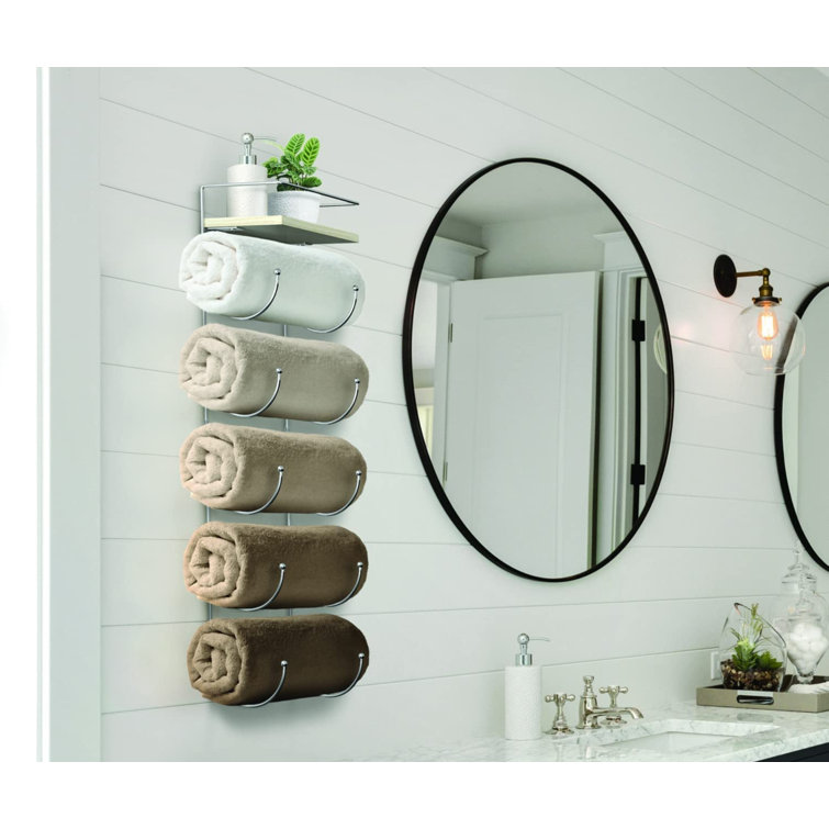 Silver Wall Mounted 5-Tier Metal Towel Rack with Wooden Shelf