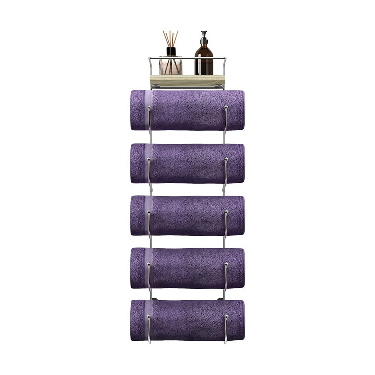 Silver Wall Mounted 5-Tier Metal Towel Rack with Wooden Shelf
