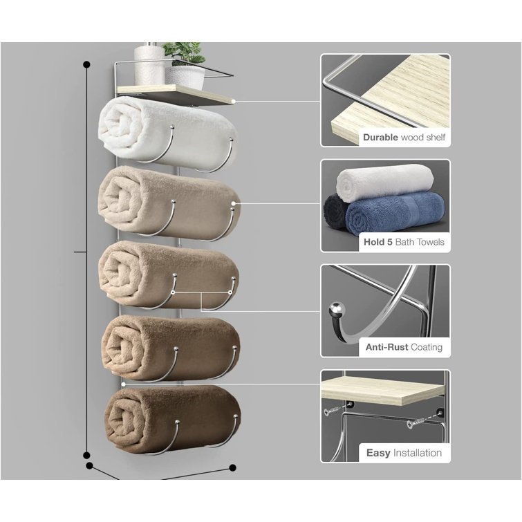 Silver Wall Mounted 5-Tier Metal Towel Rack with Wooden Shelf