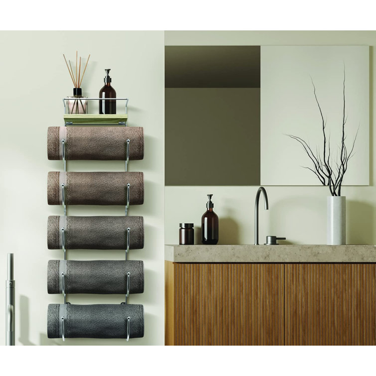 Silver Wall Mounted 5-Tier Metal Towel Rack with Wooden Shelf