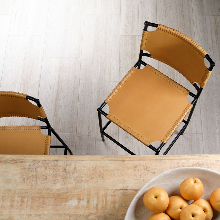 Cashew Brown Leather Sling-Style Dining Chair with Metal Frame