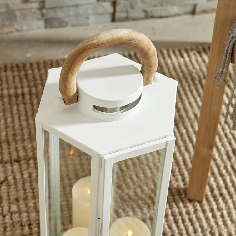 White Nautical Outdoor Lantern with Teak Handle