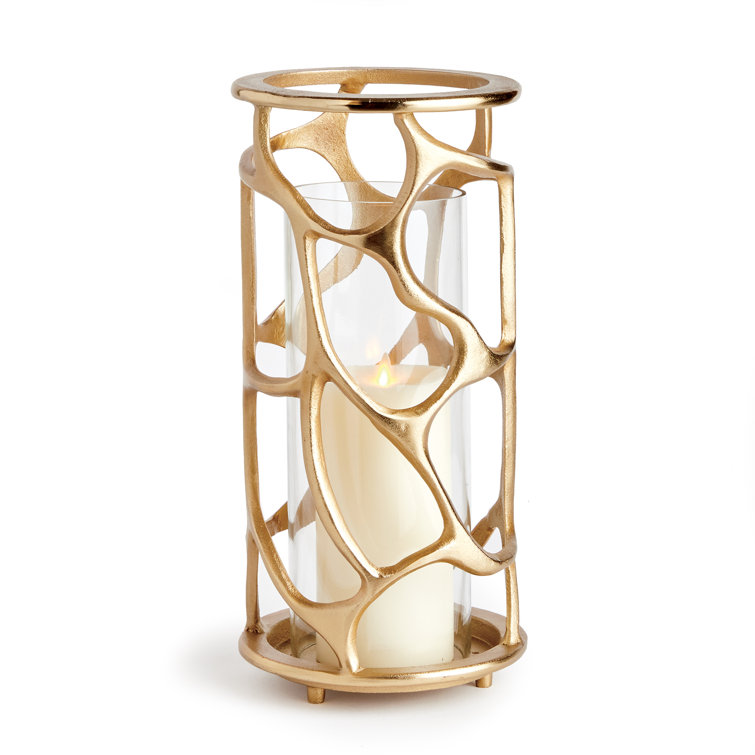 Gold Aluminum and Glass Hurricane Candle Holder