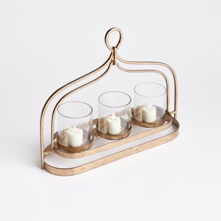 Gold Iron and Glass Triple Hurricane Candle Holder
