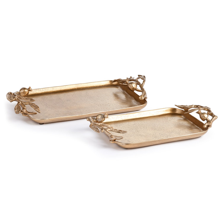 Gold Cast Aluminum Pomegranate Decorative Trays, Set of 2