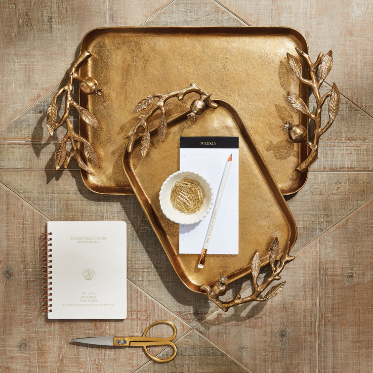 Gold Cast Aluminum Pomegranate Decorative Trays, Set of 2
